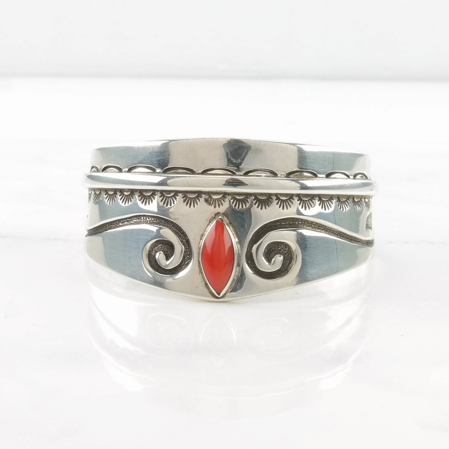 Native American Sterling Silver Cuff Bracelet Red Coral Stamped