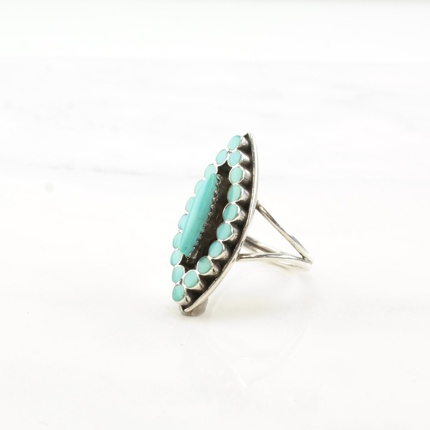 Vintage Dishta Style Silver Ring Turquoise Cluster Zuni Sterling Size 8 1/2