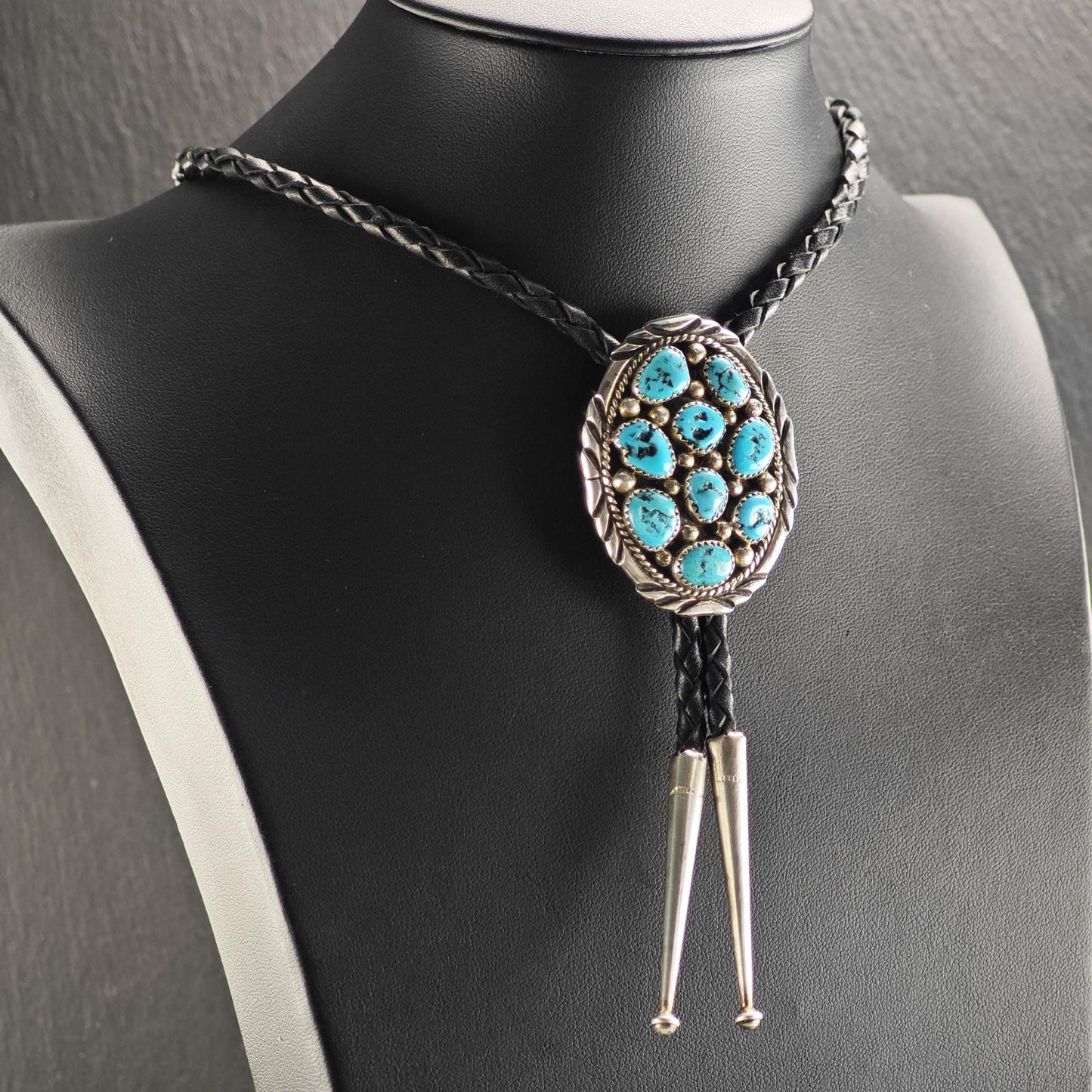 Vintage Native American Sterling Silver Sleeping Beauty Turquoise Cluster Bolo Tie Necklace N2746
