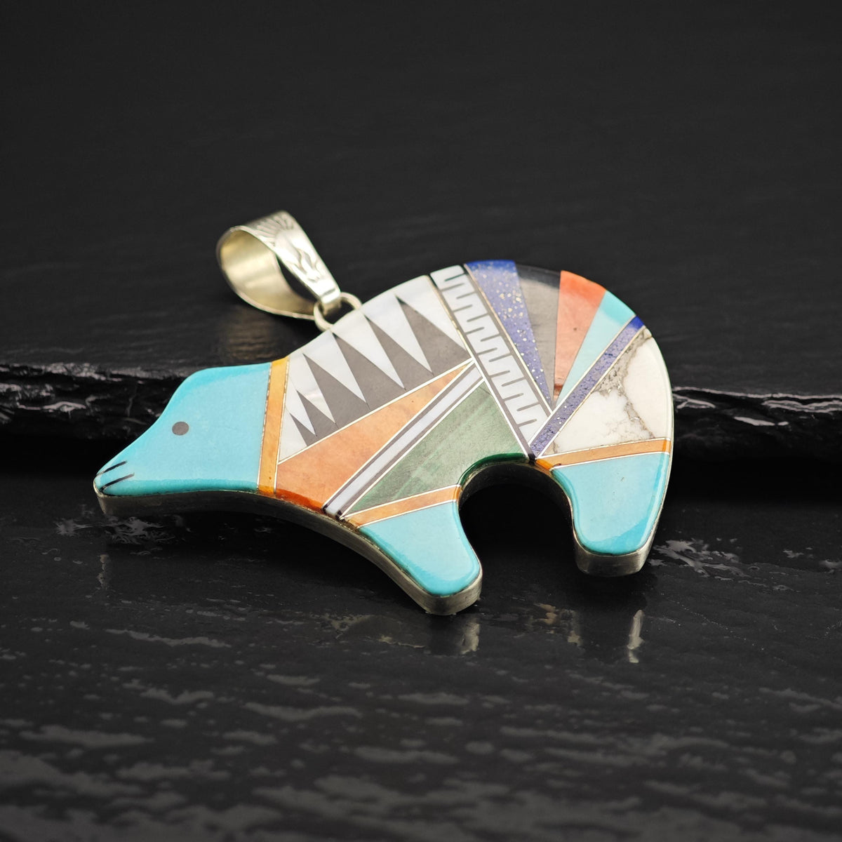 SW Multi-stone Inlay Bear Sterling Silver Pendant P3096