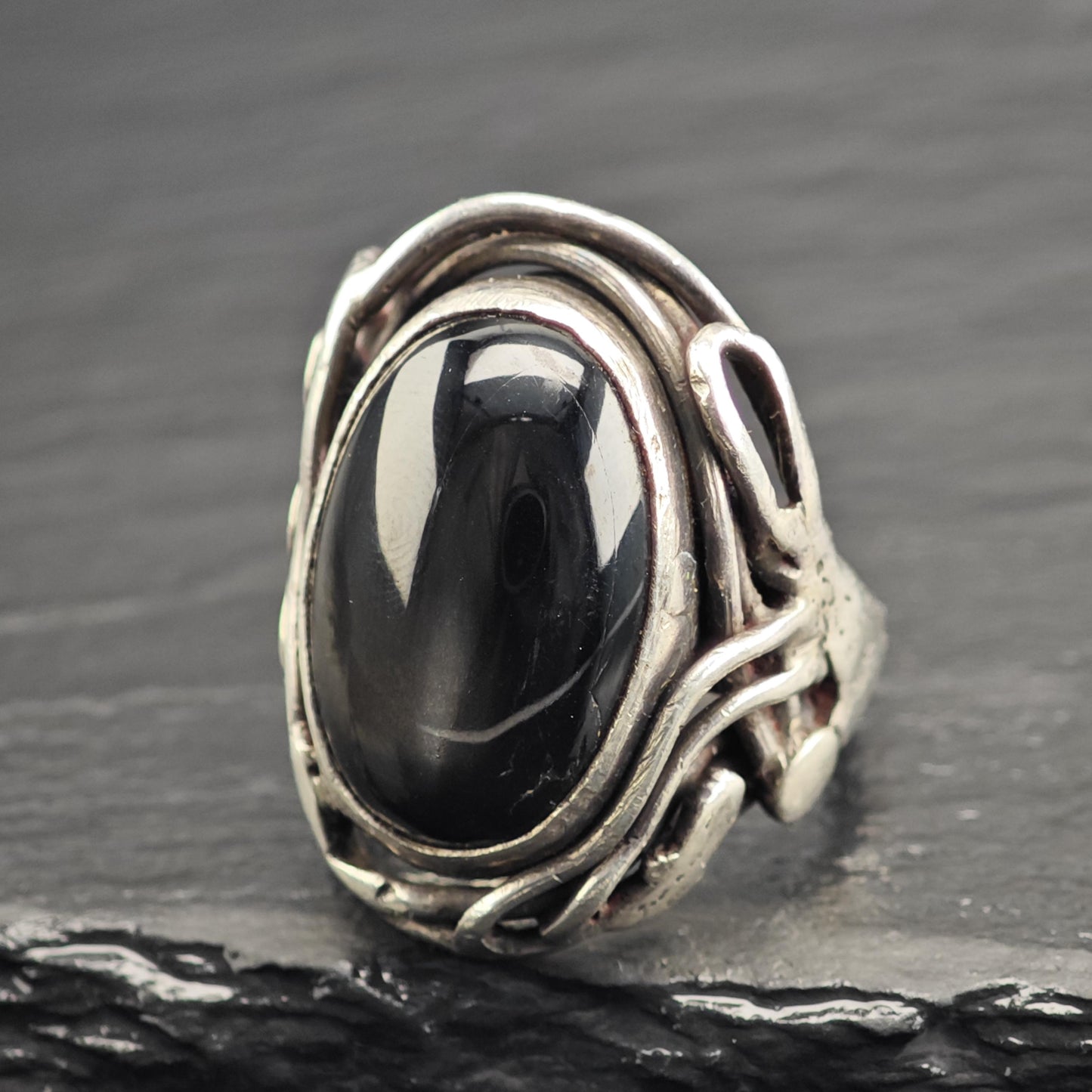 Black Cats Eye Quartz Modernist Sterling Silver Ring Sz 8 R6637