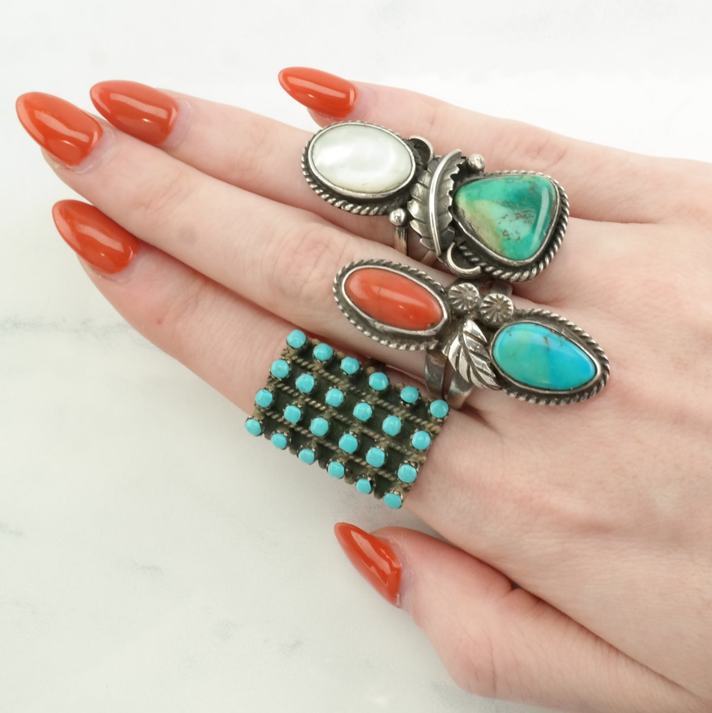 Native American Silver Ring Turquoise, Coral Floral Sterling Blue, Red Size 9 1/2