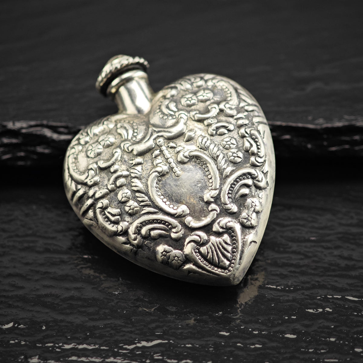 Art Nouveau Repousse Heart Shaped Sterling Silver Posion Bottle MISC0405