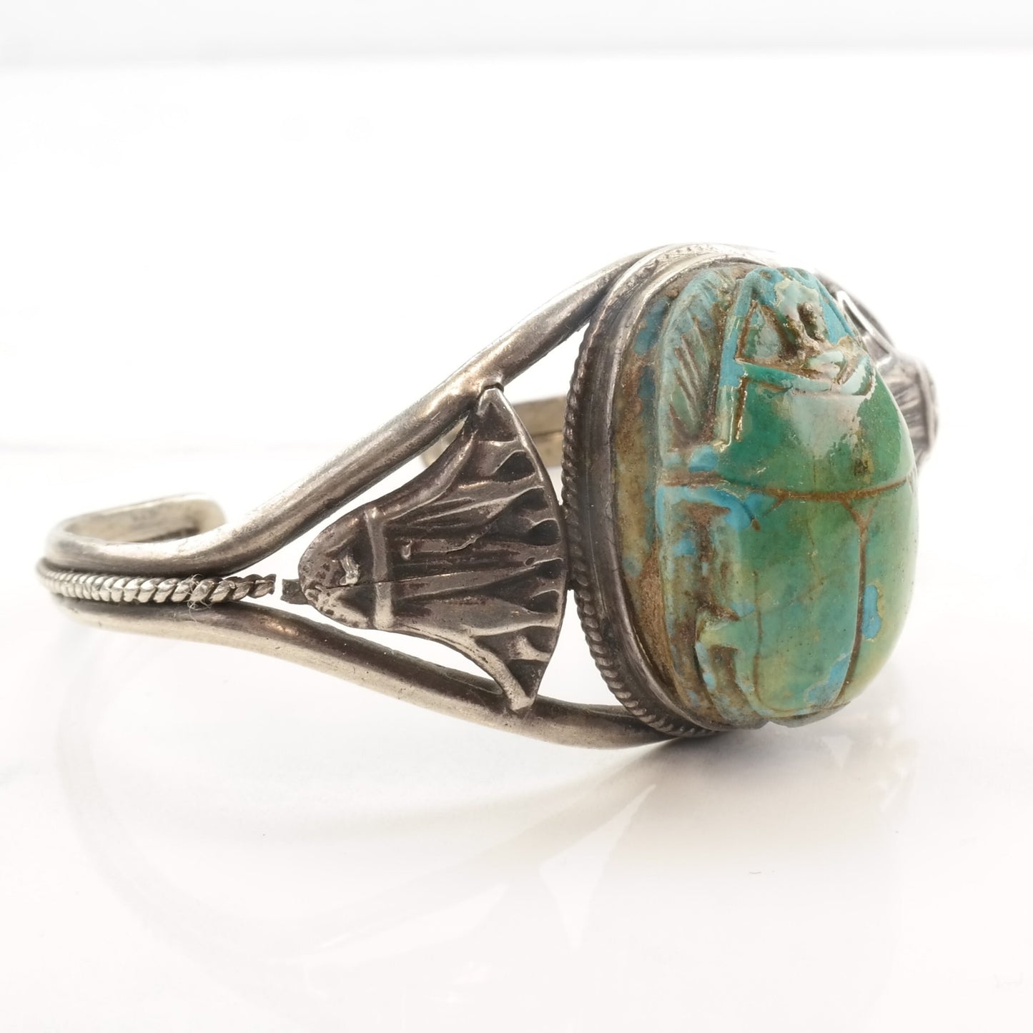 Archeological Revival Sterling Silver Cuff Bracelet Wood Scarab