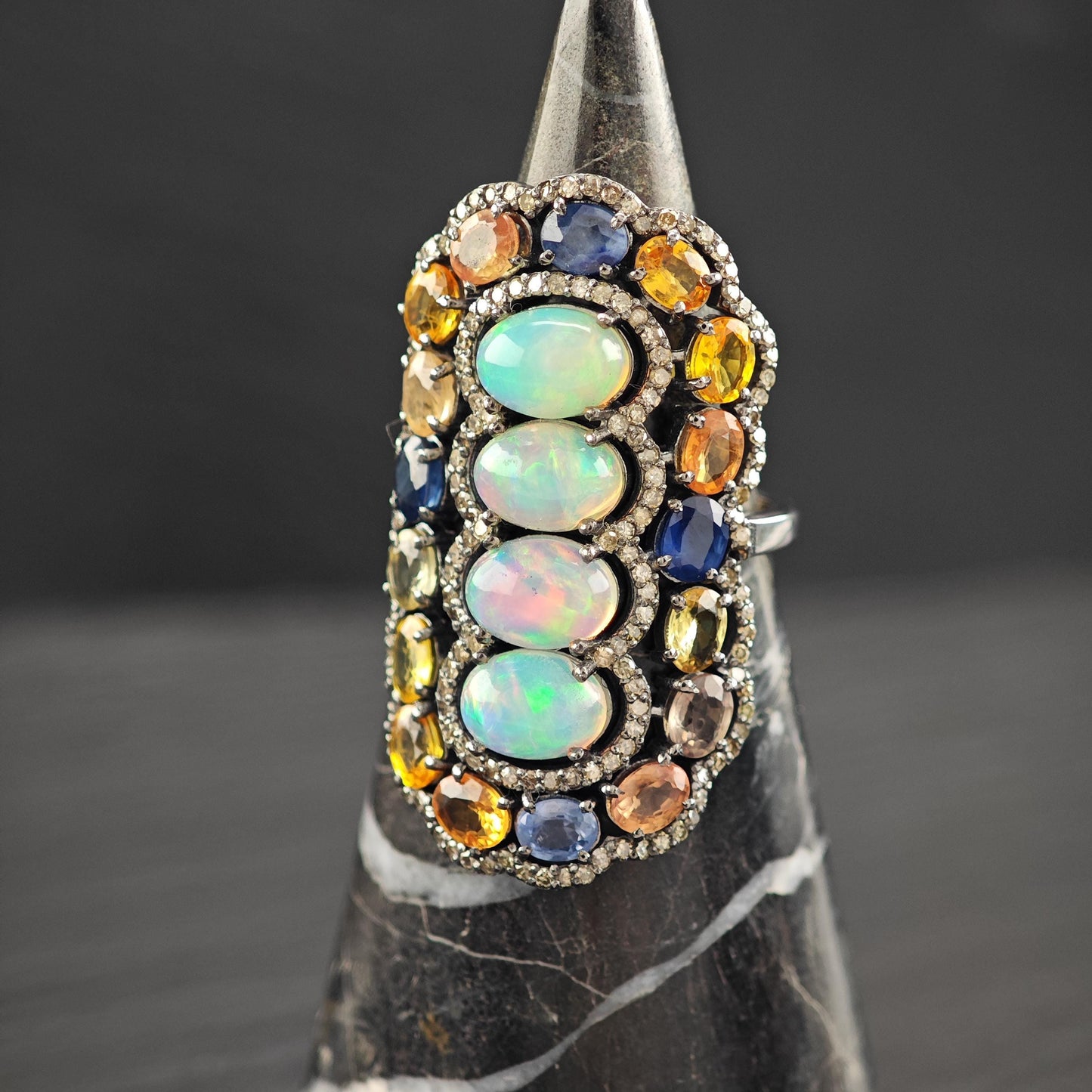 Oxidized Diamond, Opal, Sapphire Sterling Silver Ring R5799