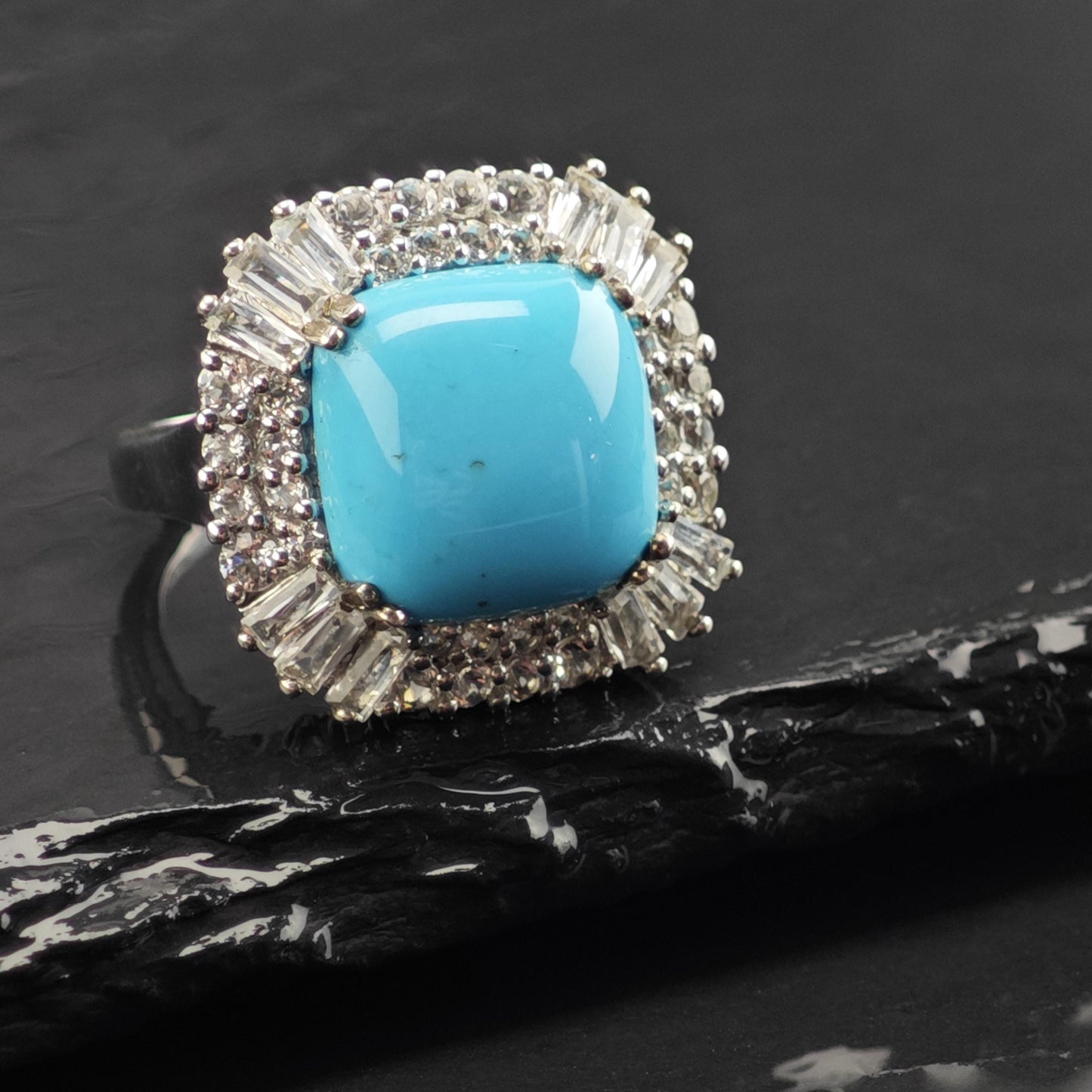 Square Turquoise Topaz Princess Diana Sterling Silver Ring Sz 7 R6735