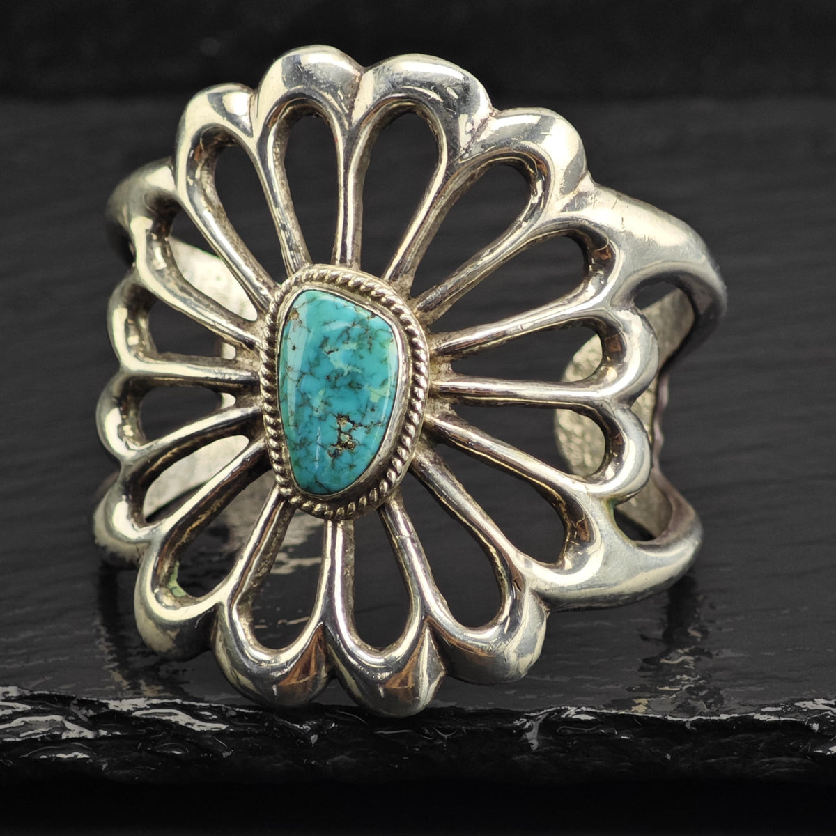 Vintage Native American Turquoise Sand Cast Flower Sterling Silver Cuff Sz 5 3/4" BR3127