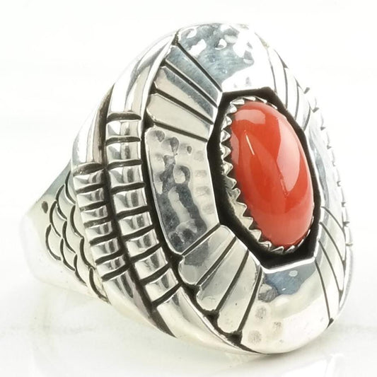 Vintage Native American Silver Ring Coral Shadowbox Sterling Red Size 11 1/4