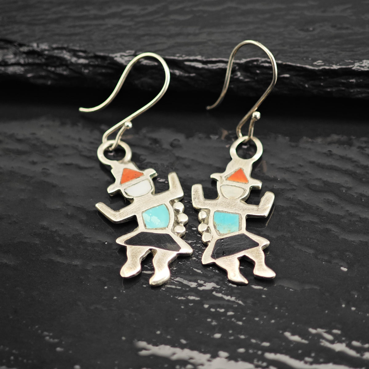 Native American Kachina Multistone Inlay Sterling Silver Dangle Earrings ER3212