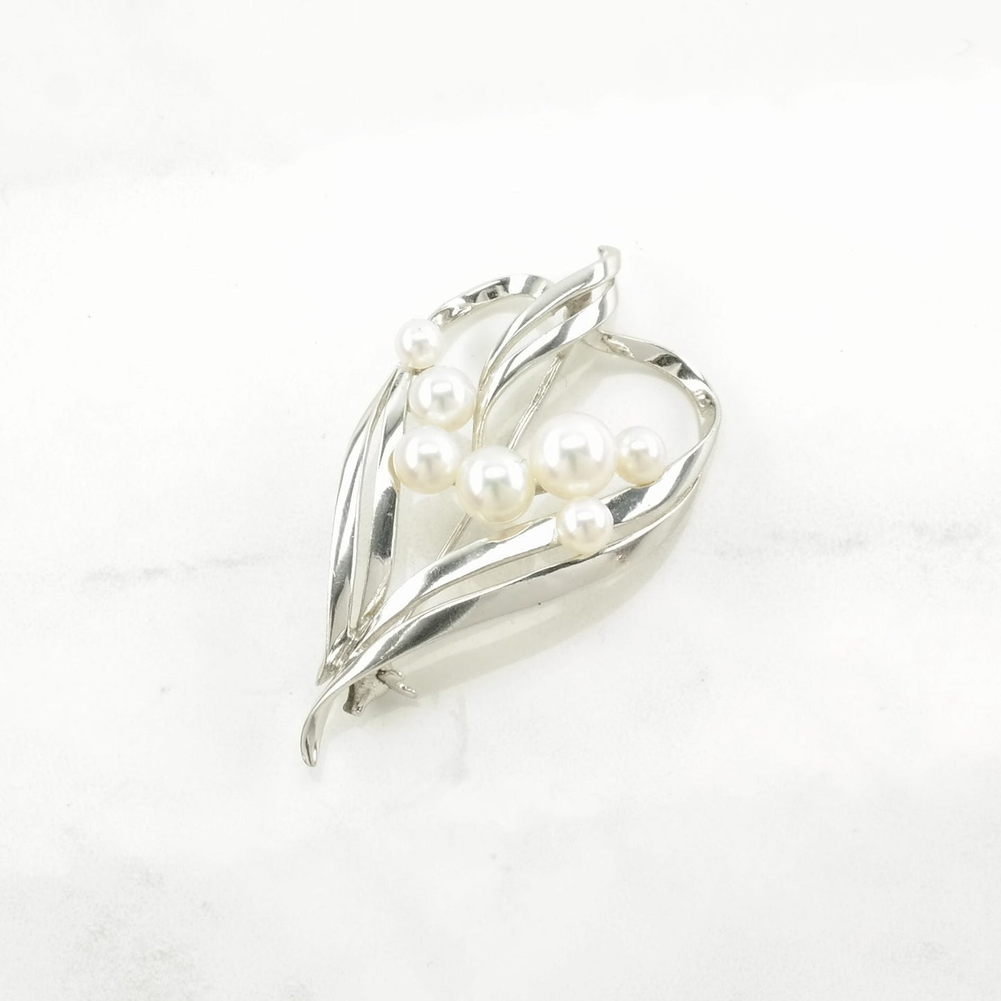 Vintage Mikimoto Sterling Silver Brooch Heart Akoya Pearl