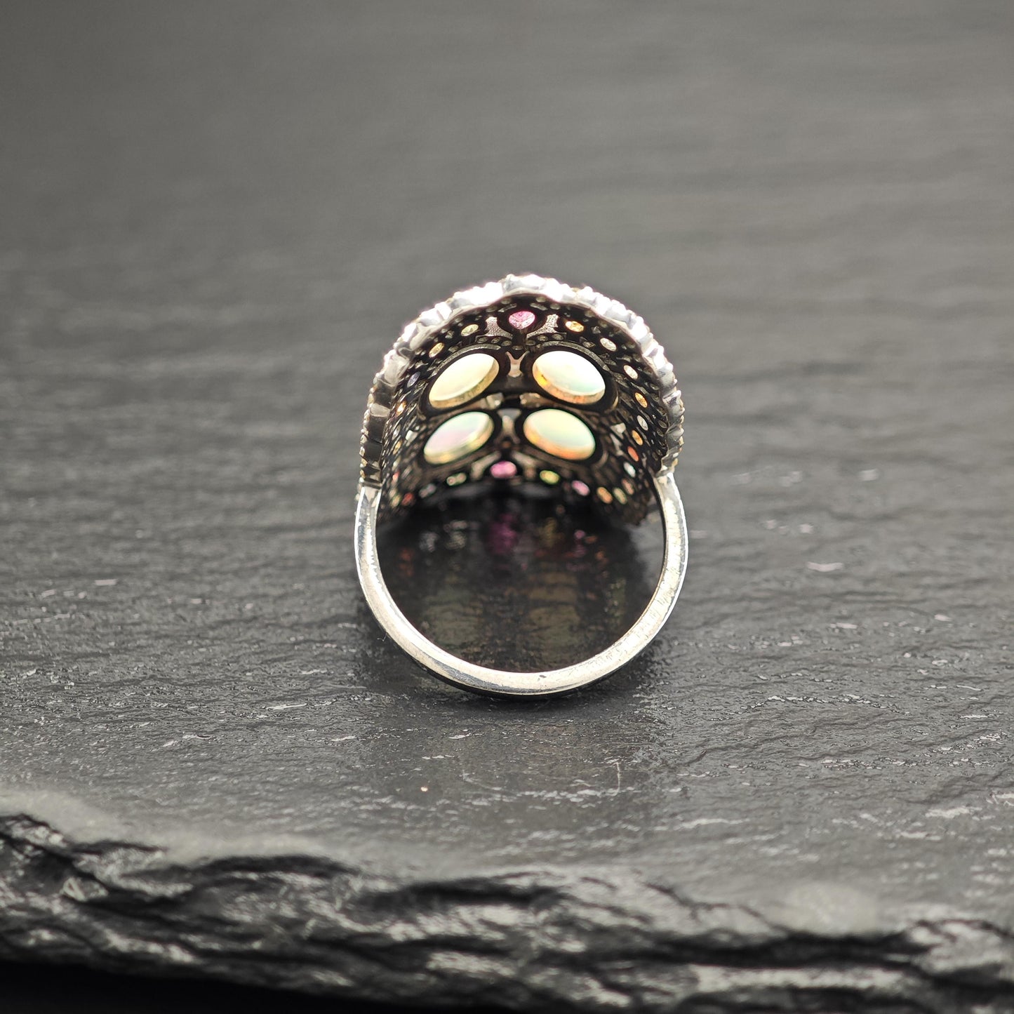 Oxidized Sterling Silver Ring with Ruby, Opal, Diamond, Sapphires