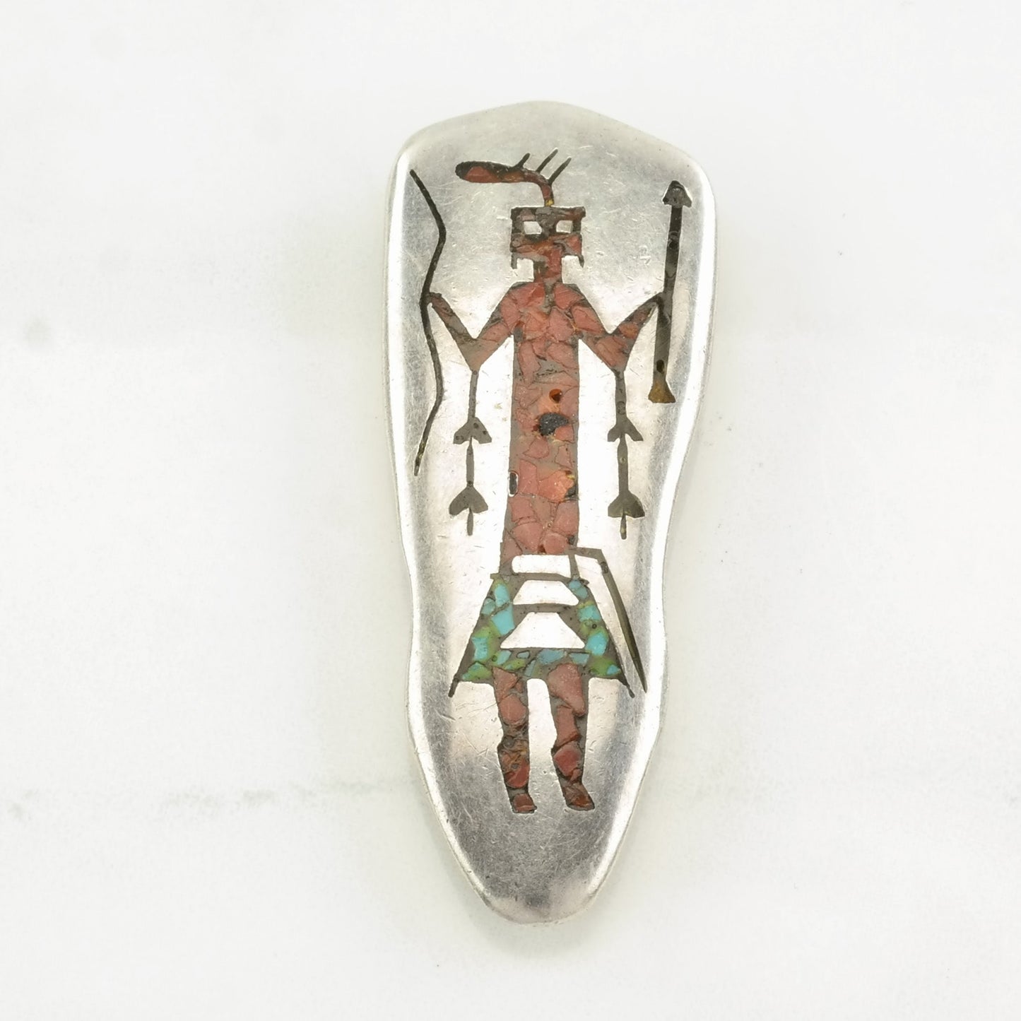 Native Crushed Coral, Turquoise Figure Sterling Silver Pendant P2284