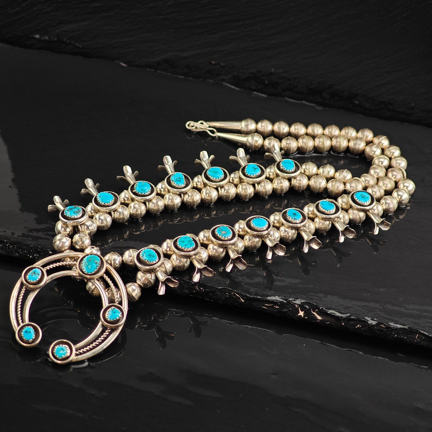Vintage Native American Turquoise Sterling Silver Squash Blossom Necklace N2721