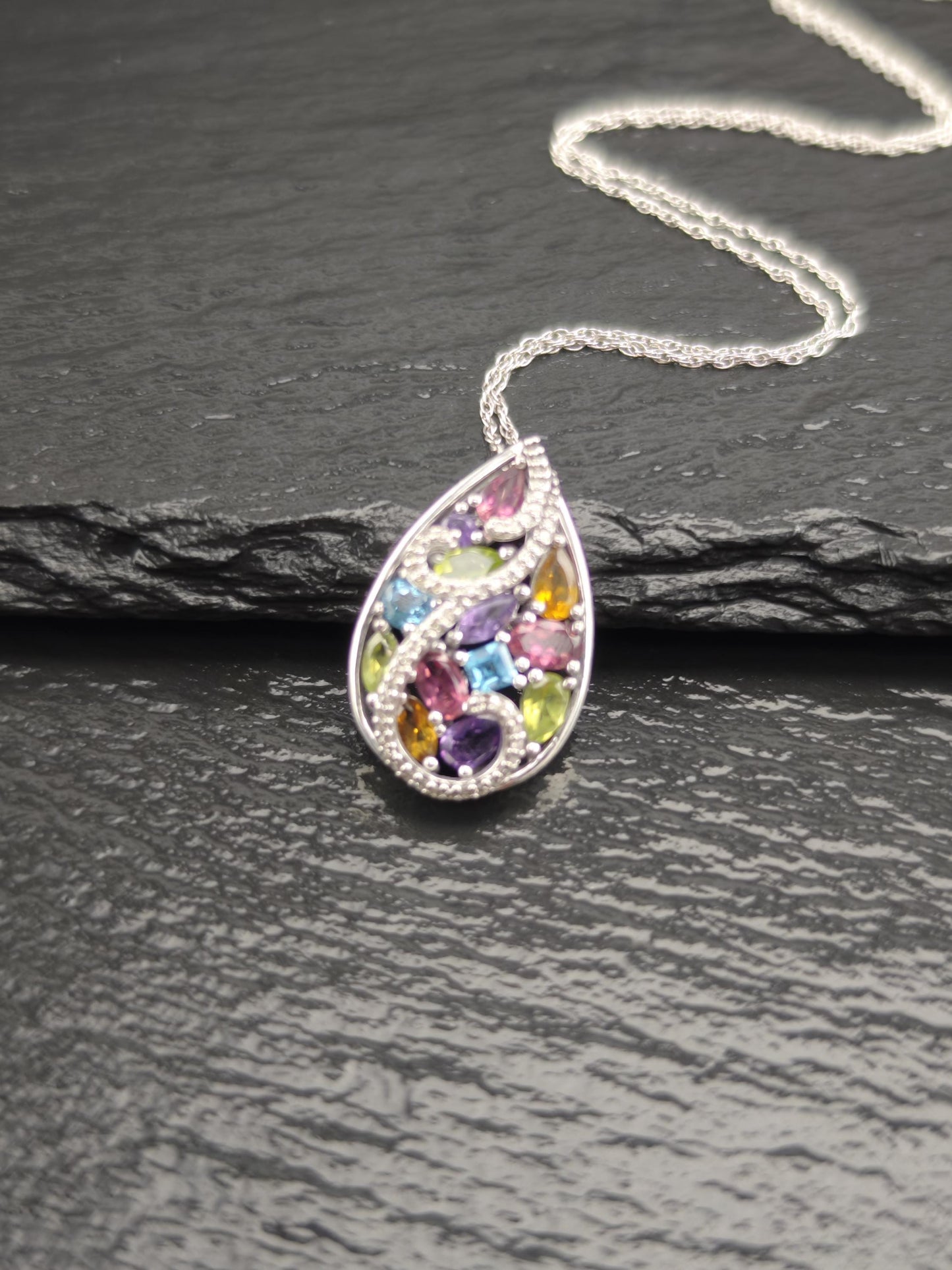 Designer Diamond, Amethyst, Gemstones Teardrop Necklace Sterling Silver N2516