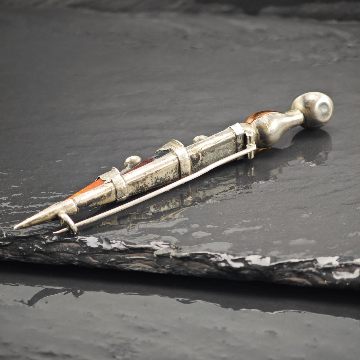 Scottish Agate, Citrine Spire Dirk Kilt Brooch Sterling Silver B2248