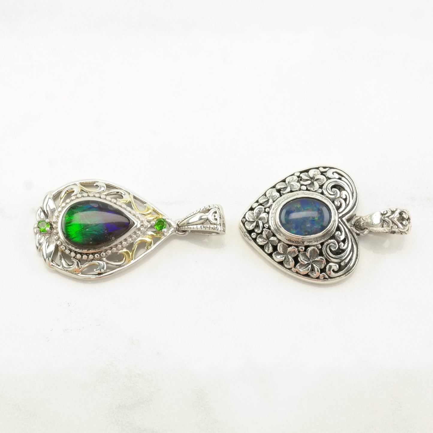Vintage Gemstone, Diopside, Opal Teardrop, Heart Sterling Silver Pendant