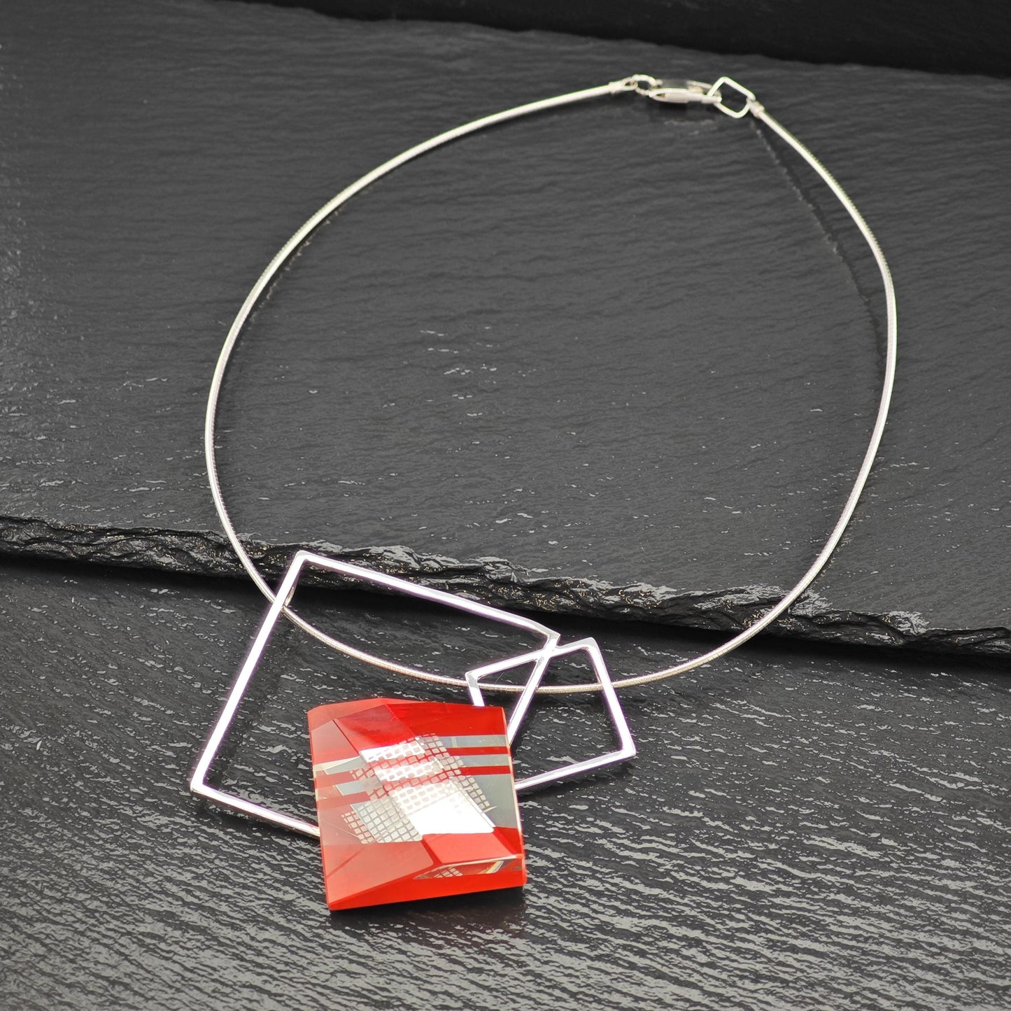 Pavel Novak Sterling Silver Red Glass Abstract, Modernist Necklace