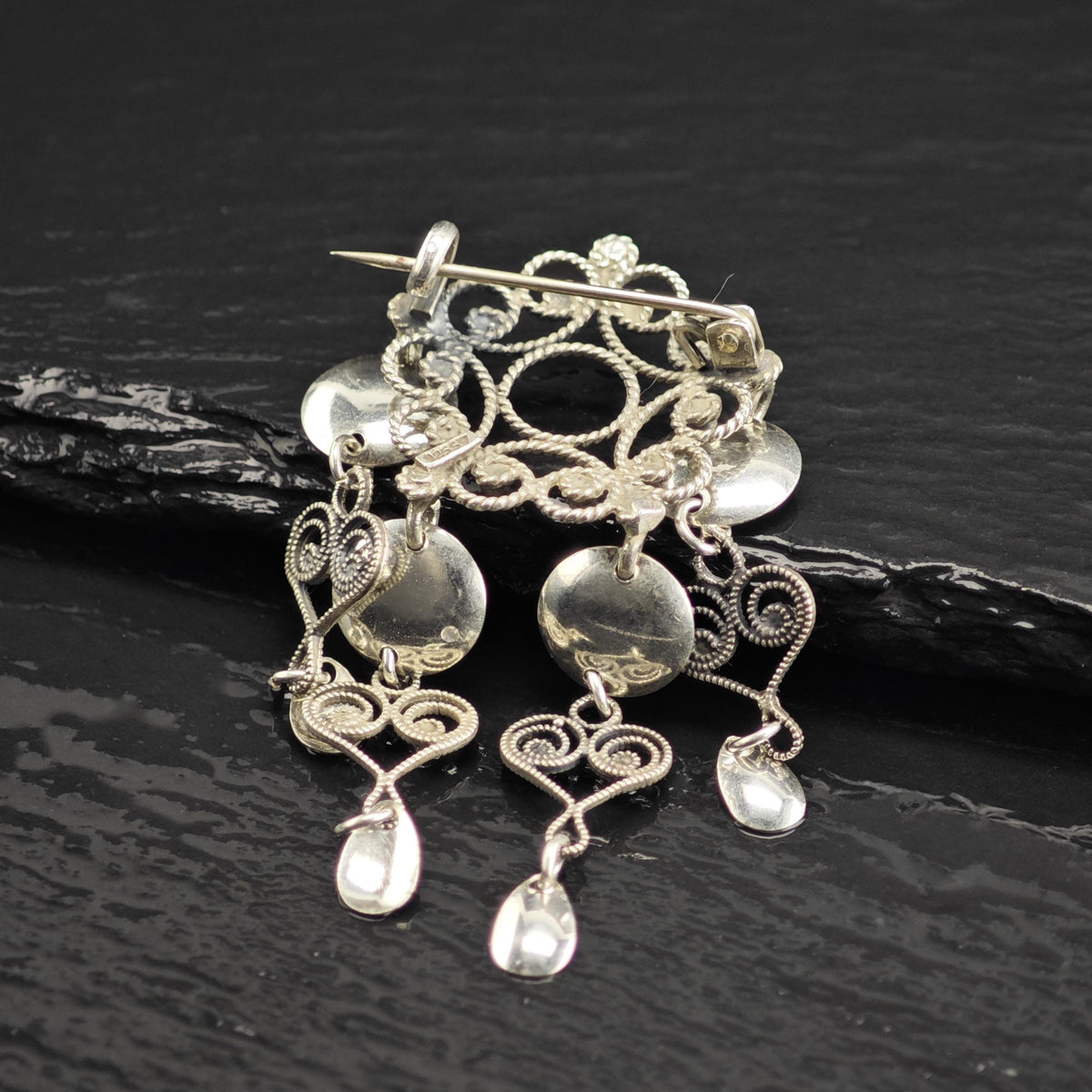 Scandinavian Dangle Hearts Sterling Silver Brooch B2266