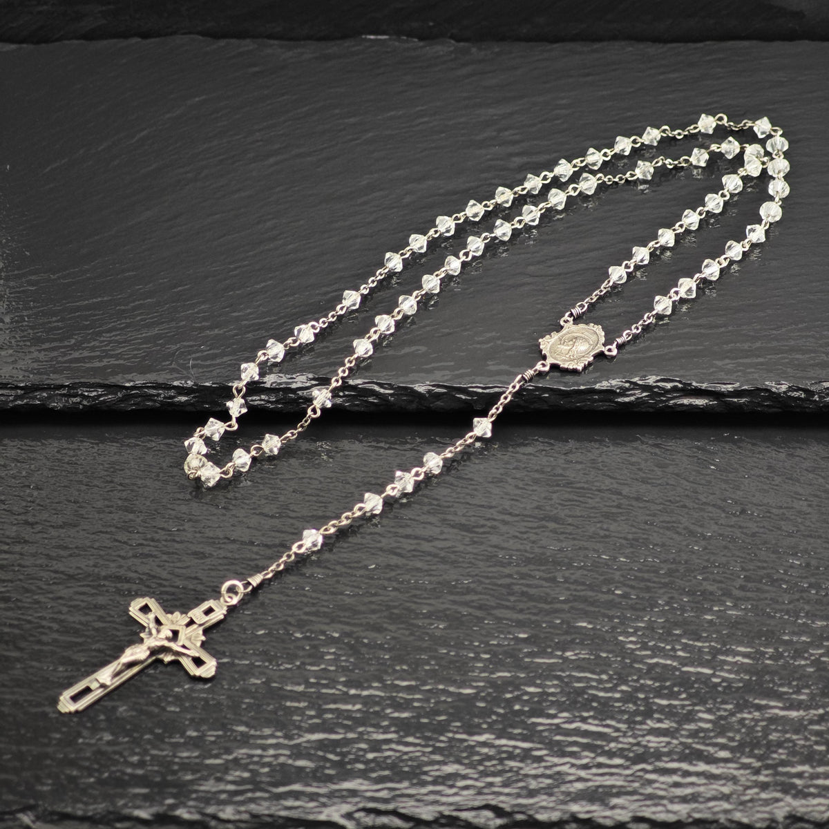 Vintage Clear Beaded Rosary Necklace Sterling Silver N2784