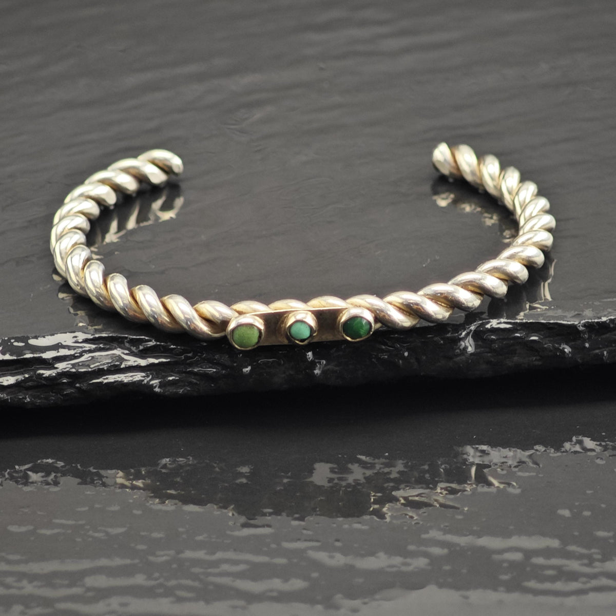 Antique Hand Forged Turquoise Trio Twisted Wire Sterling Silver Cuff Sz 6" BR3133