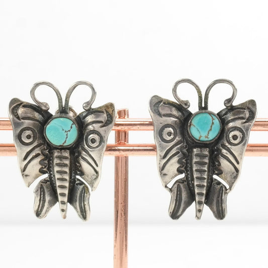 Native American Sterling Silver Blue Turquoise Butterfly Earrings Screwback