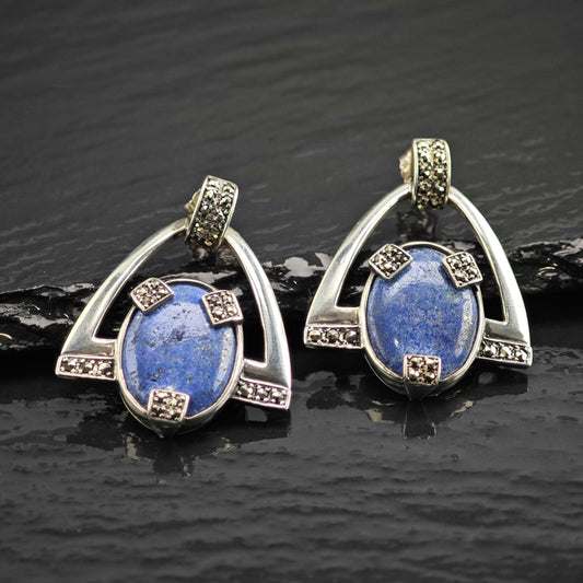 Art Deco Lapis, Marcasite Stud/Dangle Sterling Silver Earrings ER3241