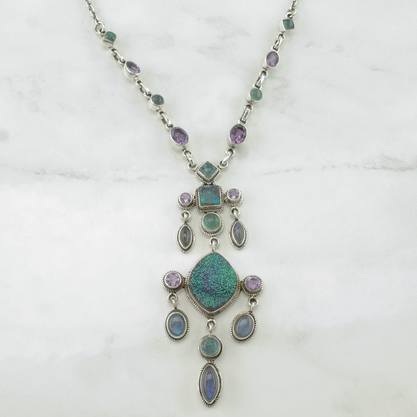 Nicky Butler Dangle Necklace Sterling Silver Purple, Green Labradorite, Amethyst, Druzy