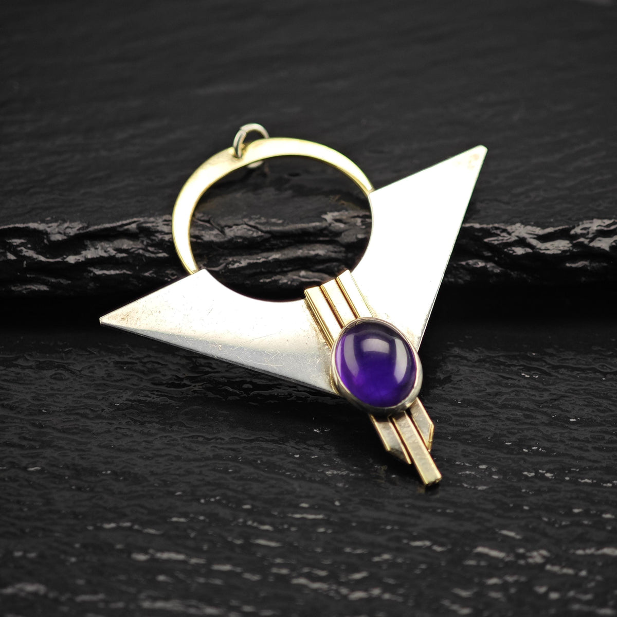 Modernist Amethyst Gold Accent Triangular Sterling Silver Pendant P3119