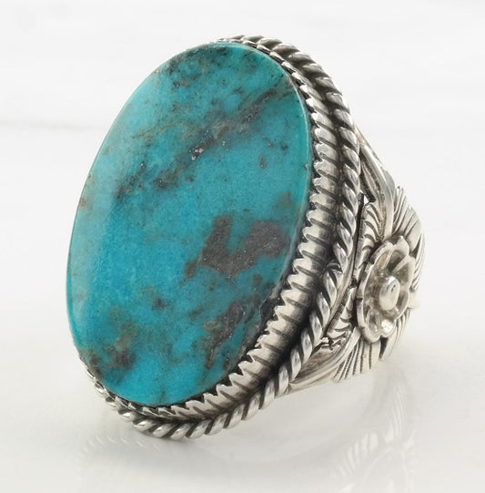 Large Native American Silver Ring Turquoise Floral Sterling Size 10 3/4