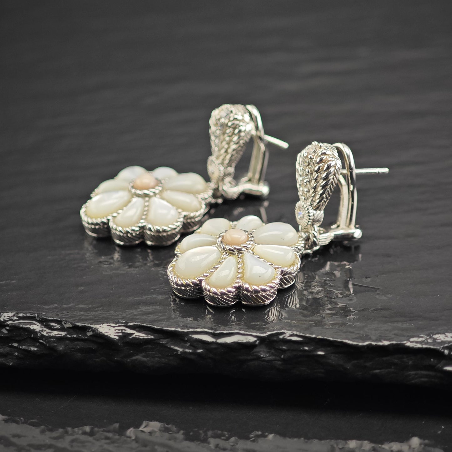Vintage Judith Ripka Mother of Pearl, CZ Omega Back Sterling Silver Earrings ER3192