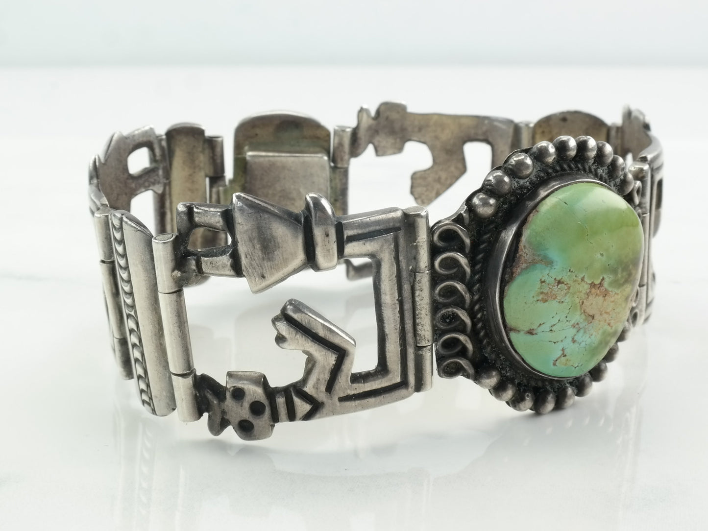 Native American Sterling Silver Line Bracelet Turquoise Figure