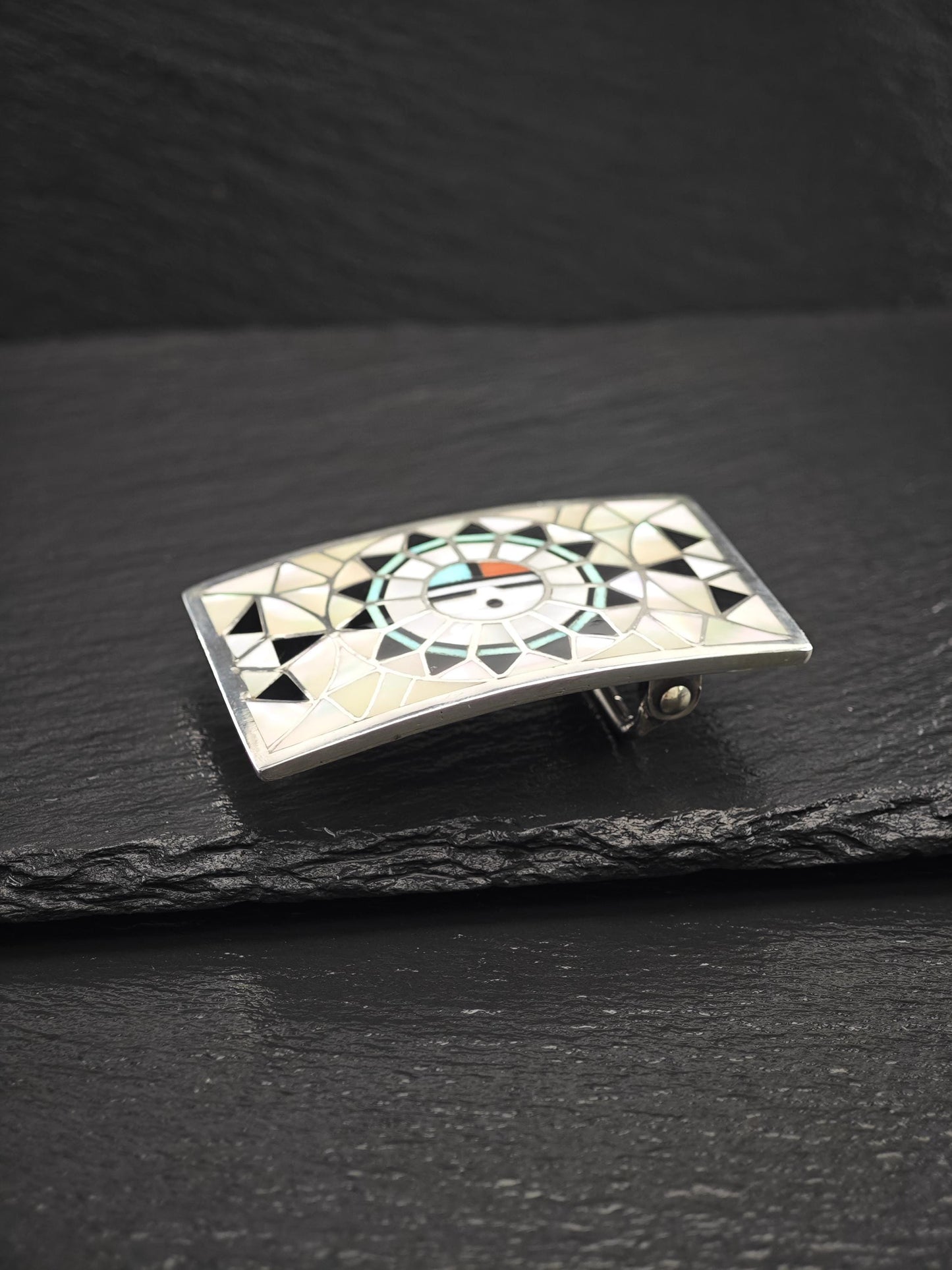 Zuni, Native American Sunface, Inlay Belt Buckle Sterling Silver
