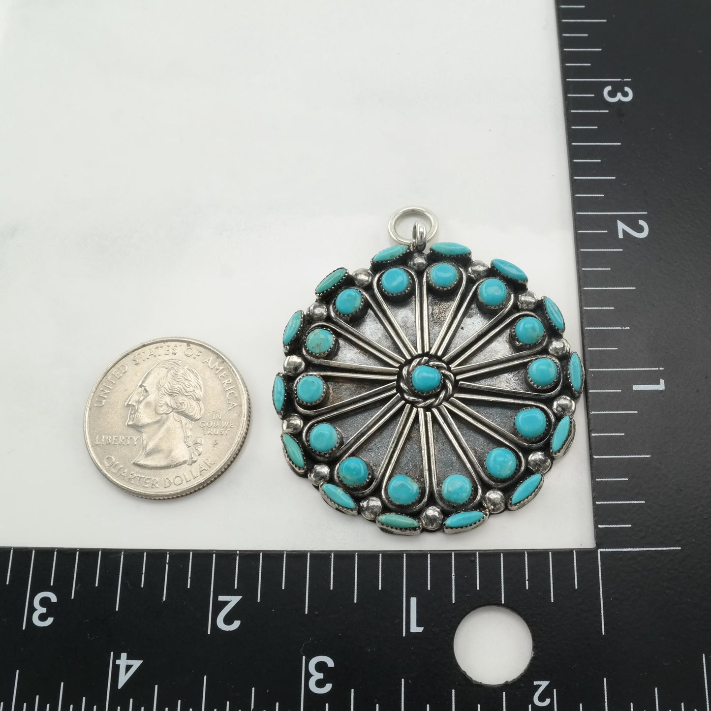 Vintage Zuni Turquoise Cluster Pendant Native American Floral Sterling Silver