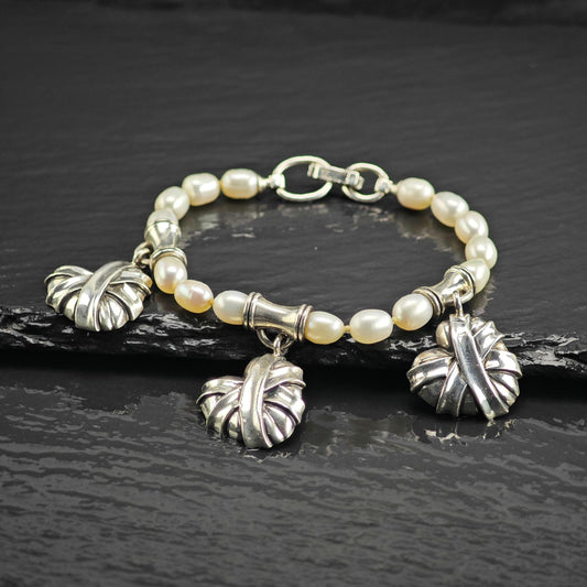 Vintage Barry Kieselstein -Cord Pearl & Heart Charm Sterling Silver Bracelet Sz 6 1/2" BR3165