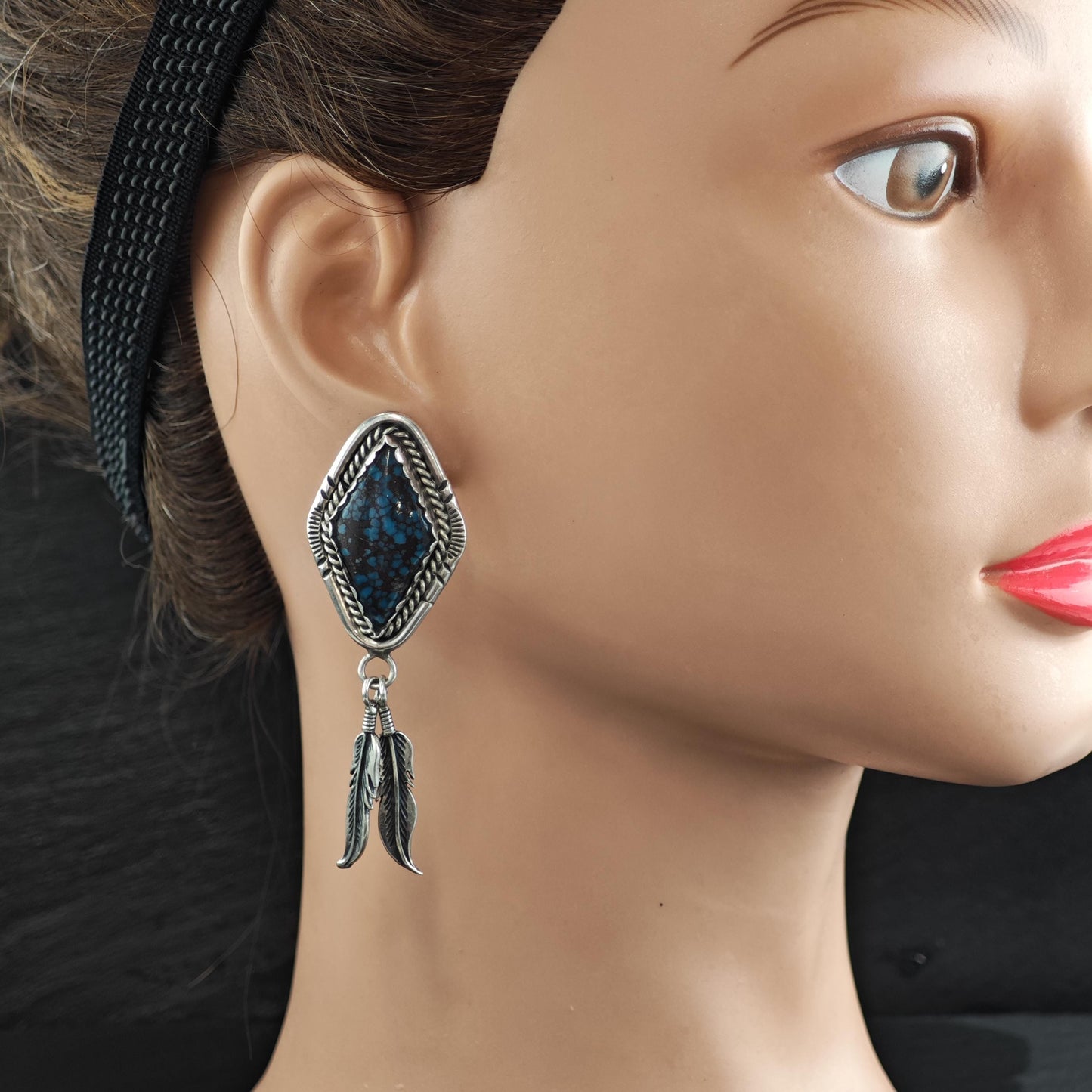 Native American Blue Spiderweb Turquoise Sterling Silver Earrings ER3126