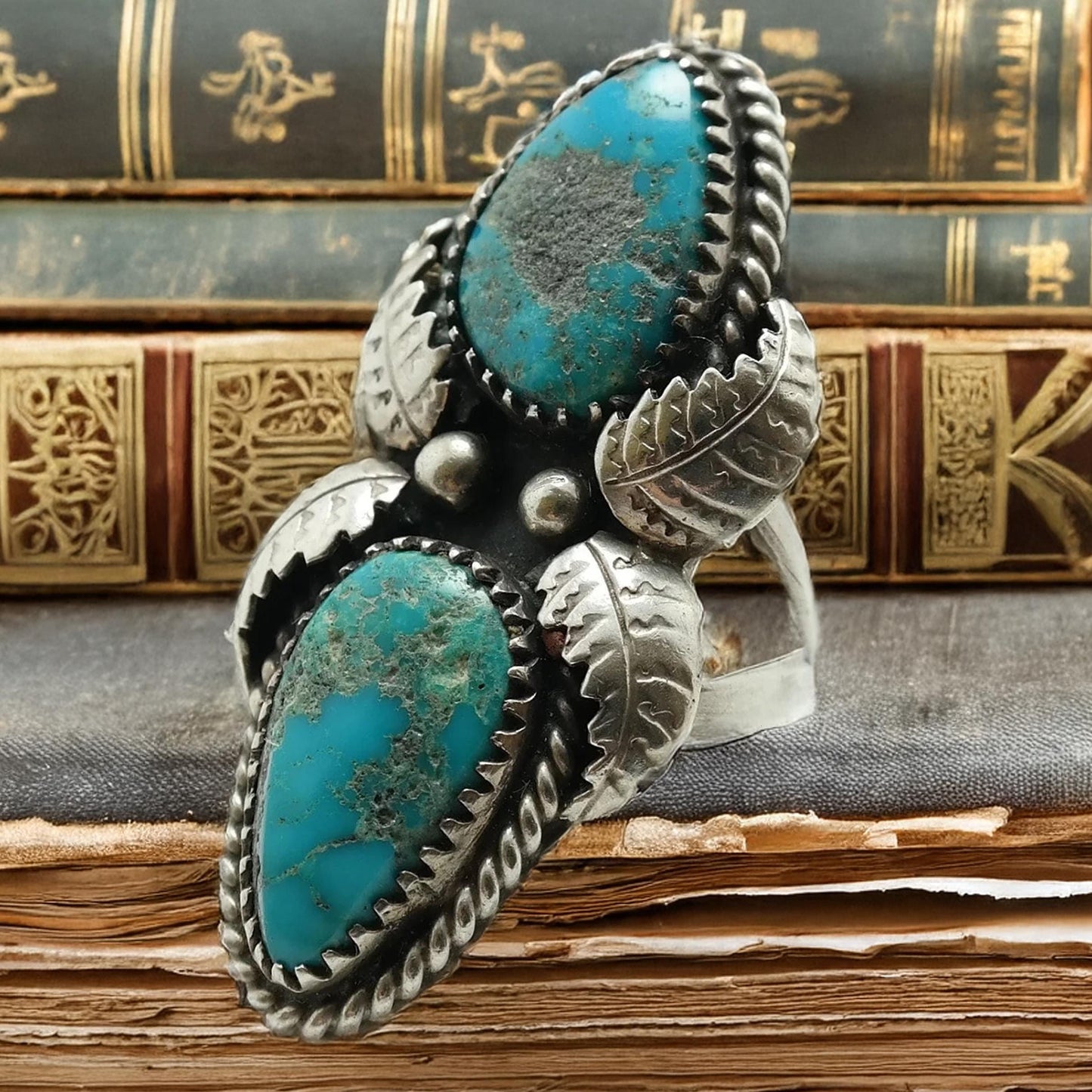 Vintage Native American Turquoise Ring, Sterling Silver Navette Ring with Leaf Design, Size 6 1/2