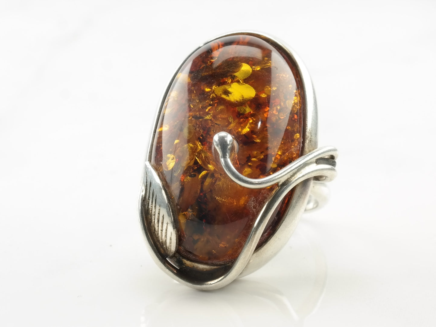 Vintage Sterling Silver Ring Amber Oval Leaf Size 7 3/4