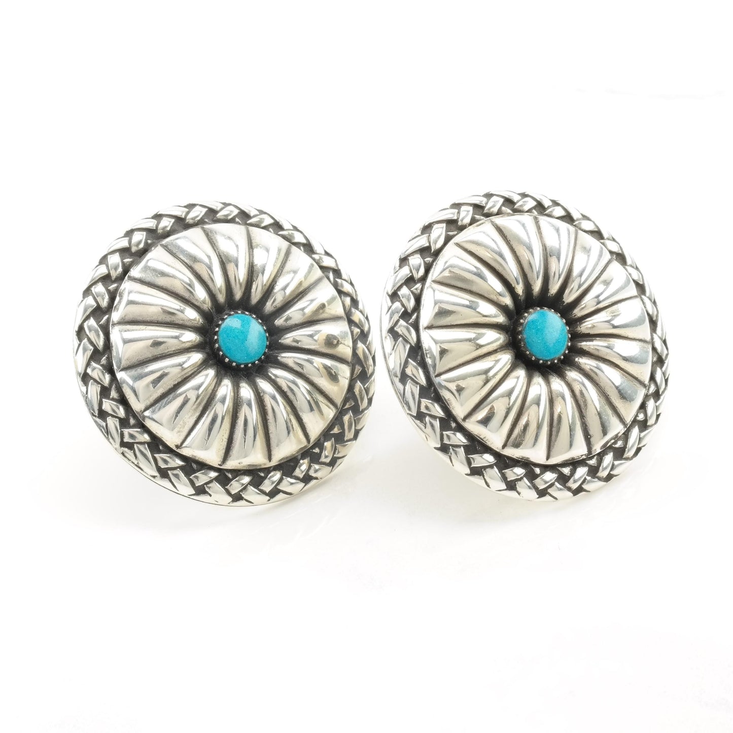 Southwest Block Turquoise Concho Earrings Sterling Silver Screw Back