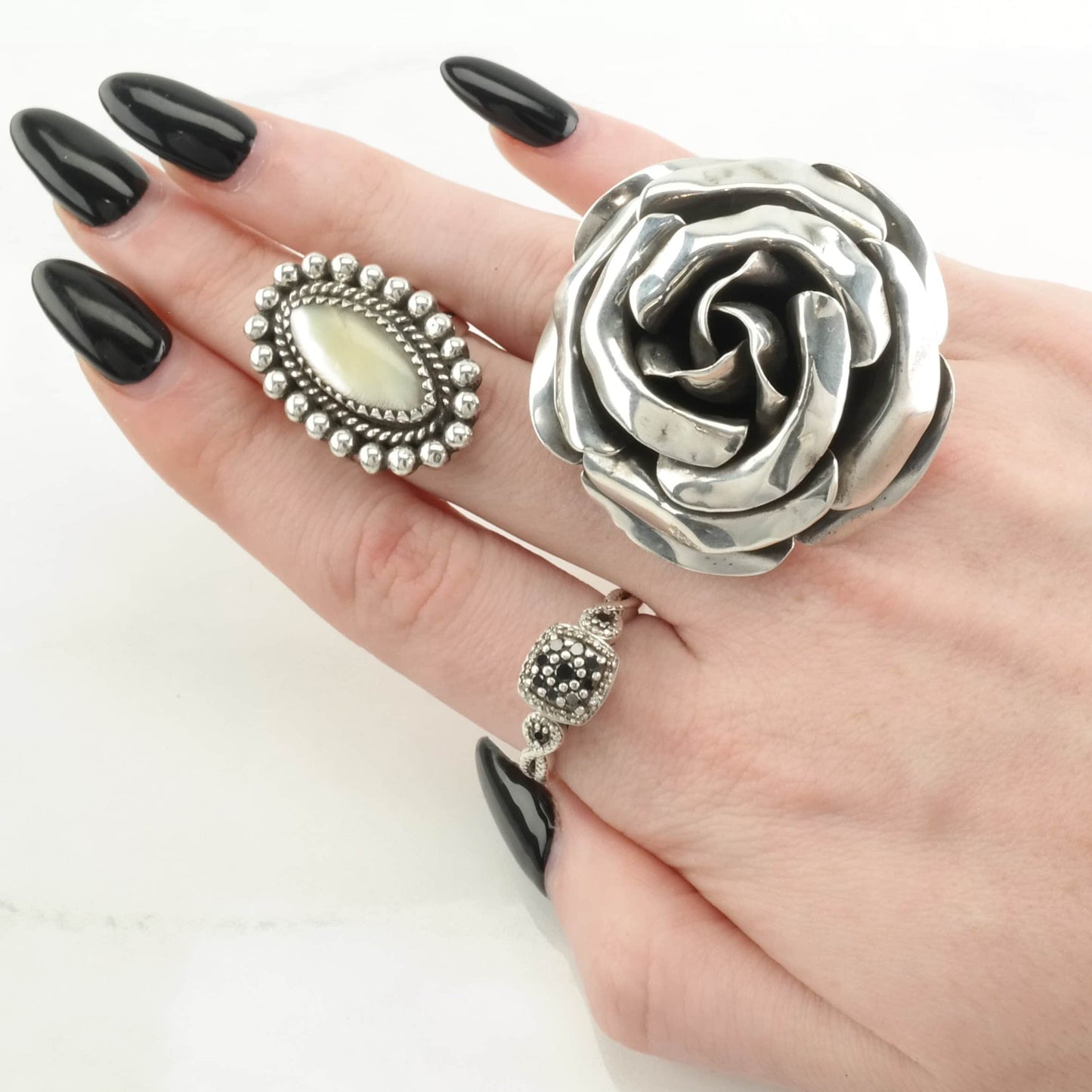 Statement Silver Ring Rose Large Sterling Size 11 1/2