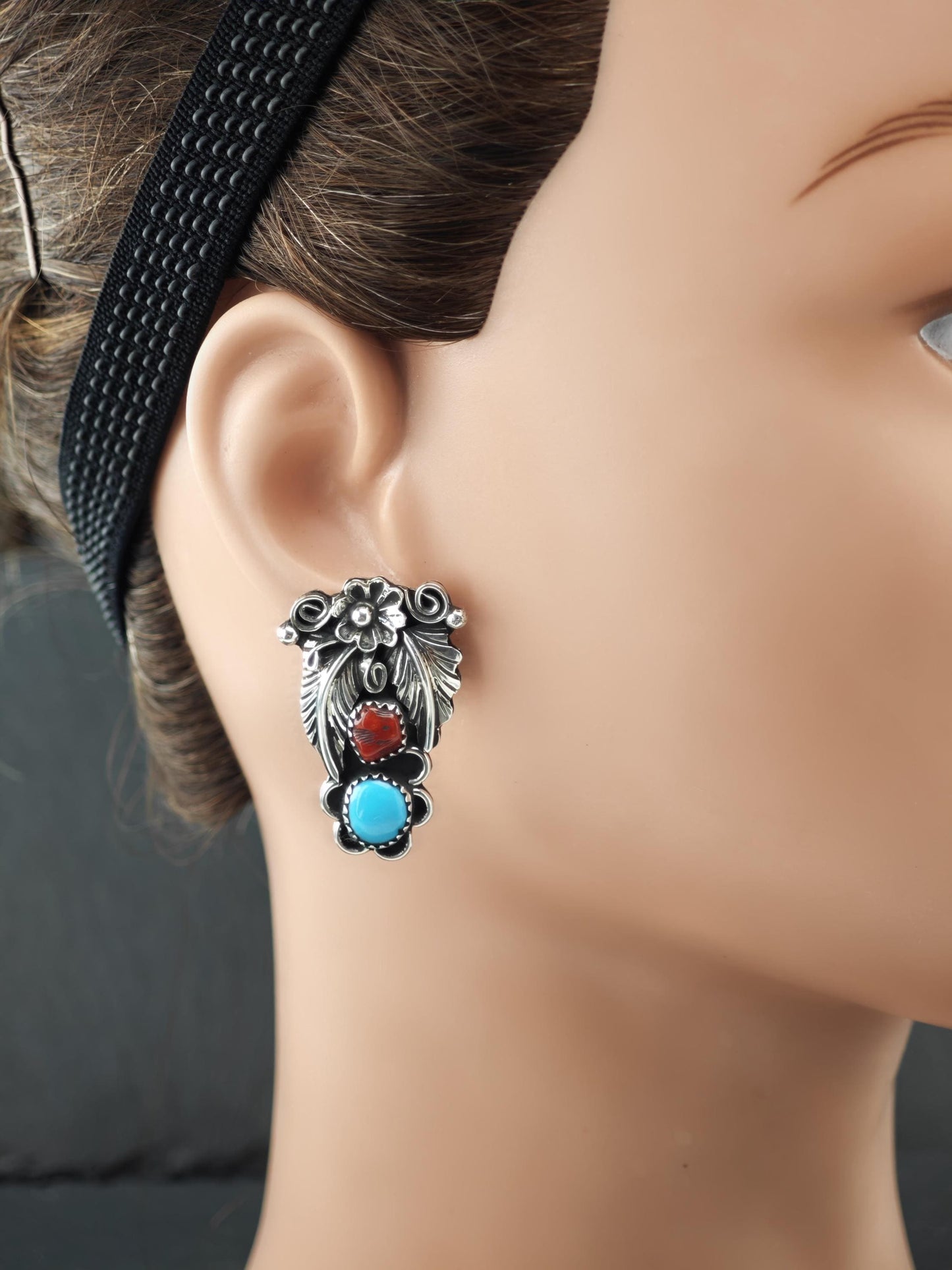 Native American Turquoise & Coral Stud Earrings Sterling Silver