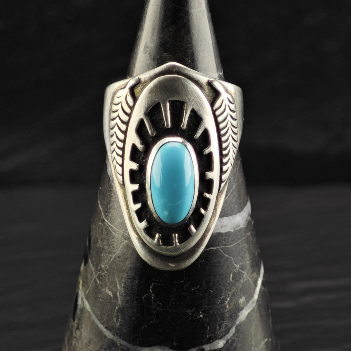 Vintage Ben Nighthorse Turquoise Feather Detail Sterling Silver Ring Sz 8 R6882