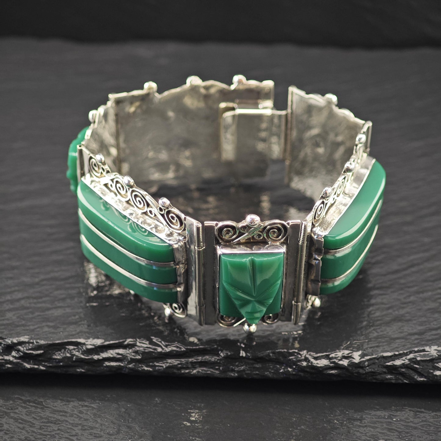 Carved Face Green Onyx Panel Bracelet Sterling Silver Size 7"