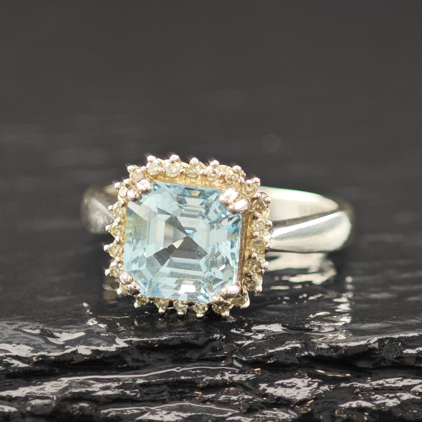 Squared Topaz Diamond Ring Sterling Silver Sz 7 R6200