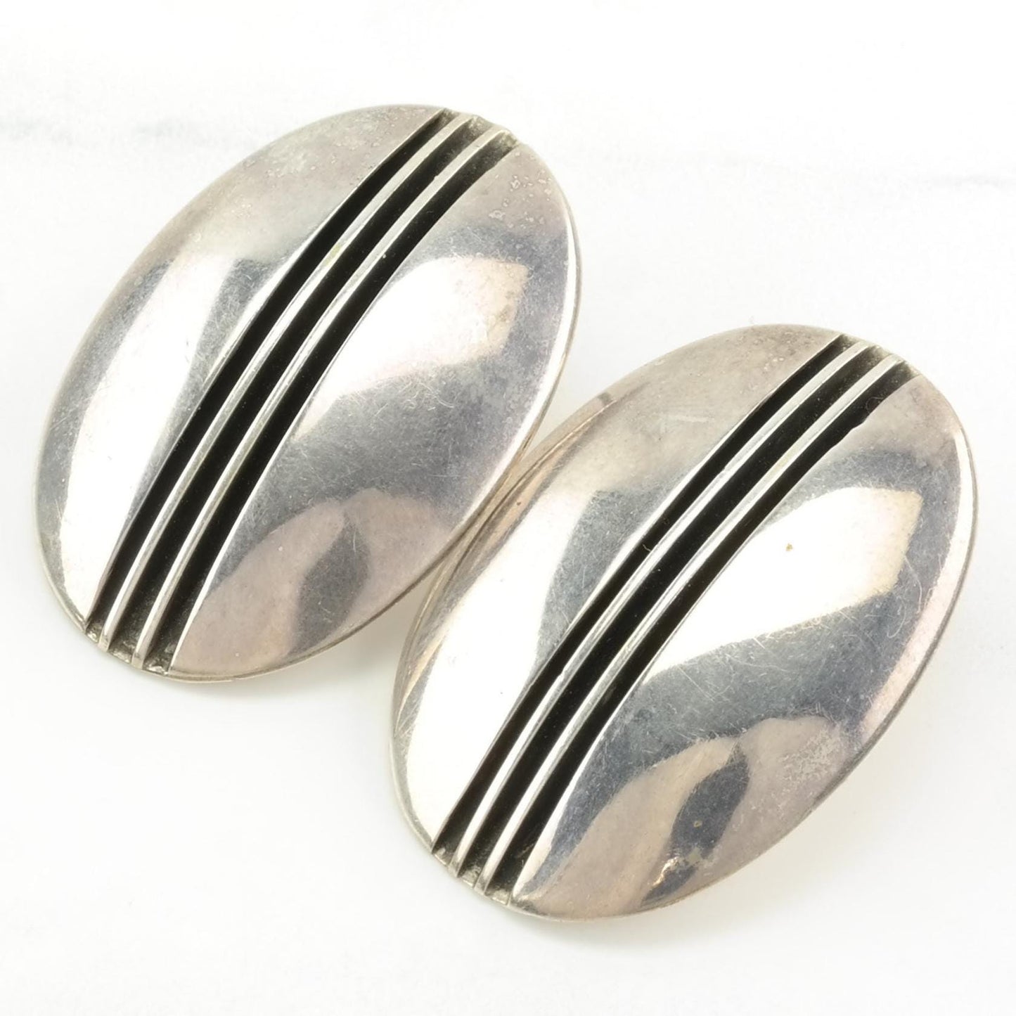 Vintage Stud Earrings Sterling Silver Oval Hollow Incise