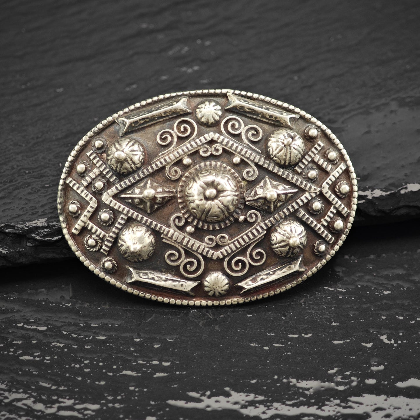 Vintage Tribal Sterling Silver Oval Brooch Unique Artisan Jewelry