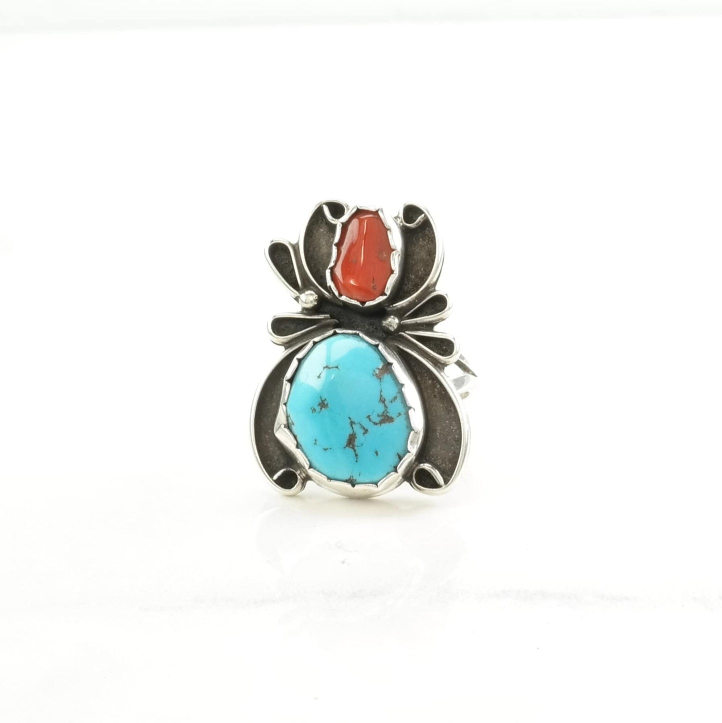 Native American Silver Ring Turquoise, Coral Spider Sterling Blue, Red Size 6 1/2