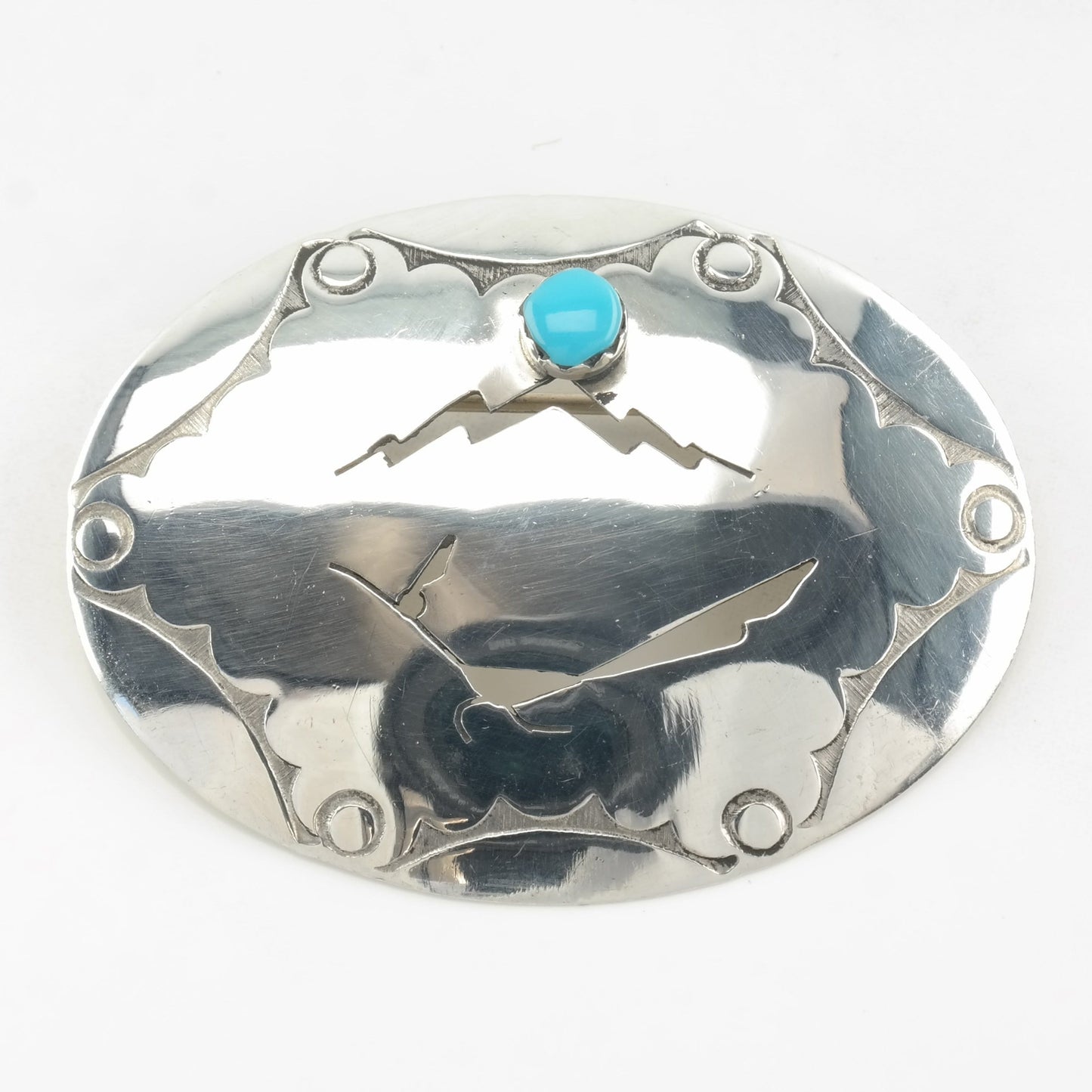 Native American Sterling Silver Turquoise Brooch Roadrunner, Lightning