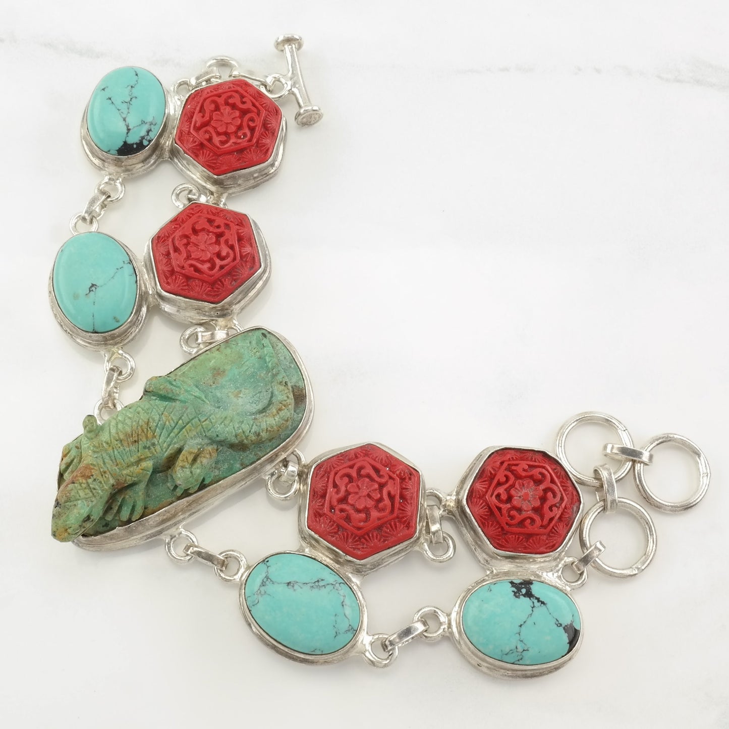 Sterling Silver Turquoise, Cinnabar, Lizard, Carved Link Bracelet