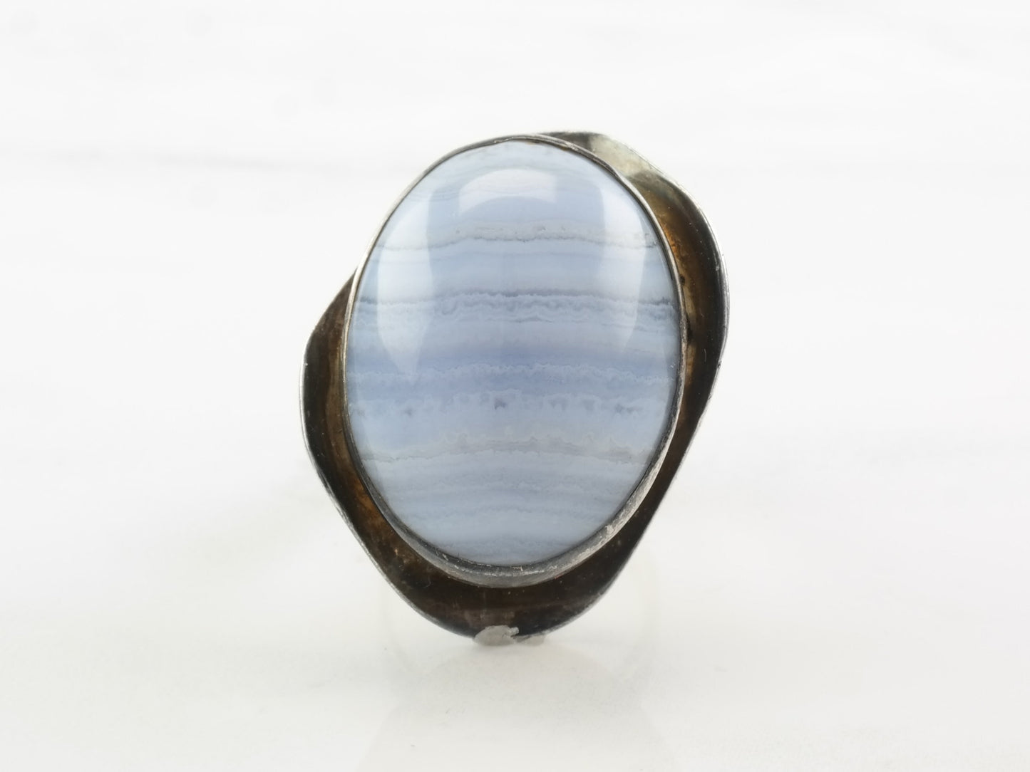 Modernist Silver Ring Blue Lace Agate Modernist Sterling Size 5