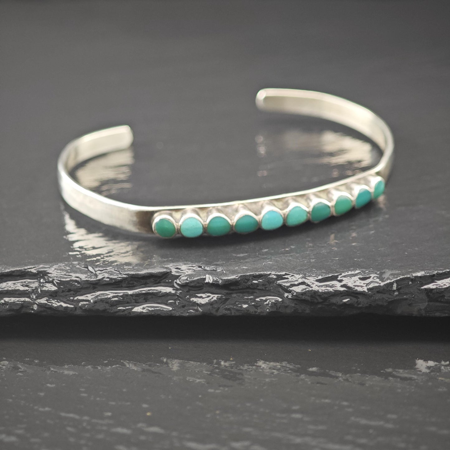 Native American Green Turquoise Inlay Cluster Cuff Bracelet Sterling Silver